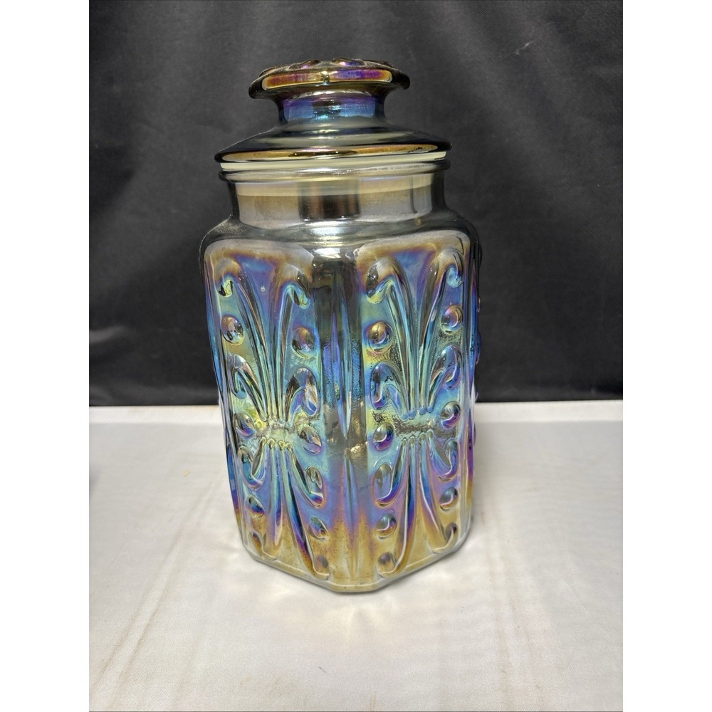 Vintage LE Smith Iridescent Carnival Imperial Glass Canister "Atterbury Scroll"